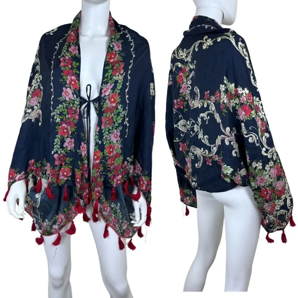 Johnny Was Size M Silk Tassel Wide Flared Sleeve Floral Mococo Boho Shrug Poncho
